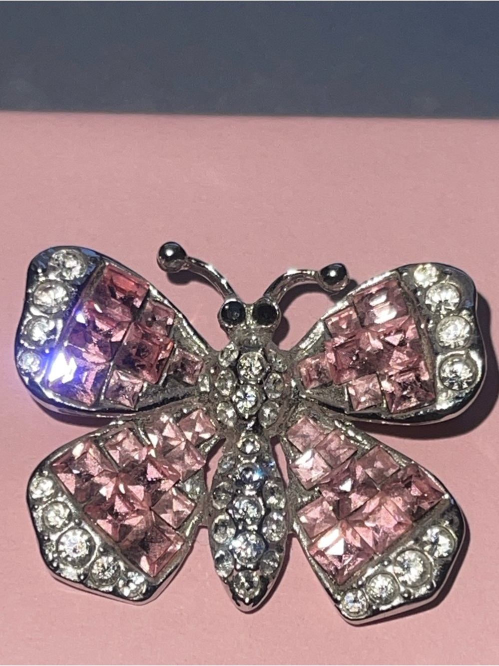 Elegant Pink & Clear Crystal Butterfly Brooch in 925 Sterling Pin